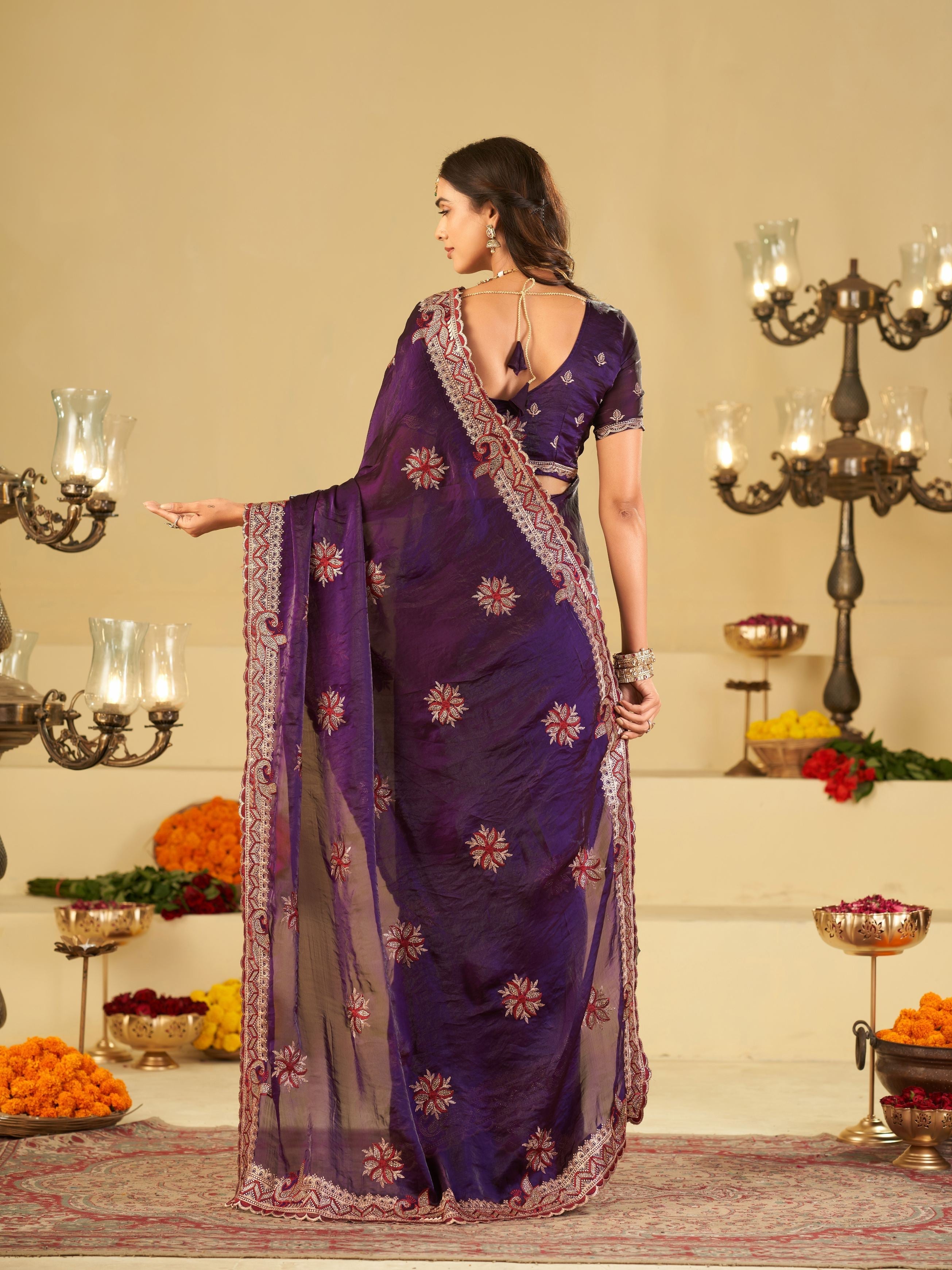 Royal Purple Designer Fendy Satin Saree with Floral Embroidery Work | Premium Wedding Party Wear Saree with Heavy Embroidered Border & Blouse