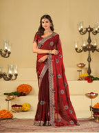 Ruby Red Designer Fendy Satin Saree with Floral Embroidery Work | Premium Wedding Party Wear Saree with Heavy Embroidered Border & Blouse