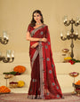 Ruby Red Designer Fendy Satin Saree with Floral Embroidery Work | Premium Wedding Party Wear Saree with Heavy Embroidered Border & Blouse
