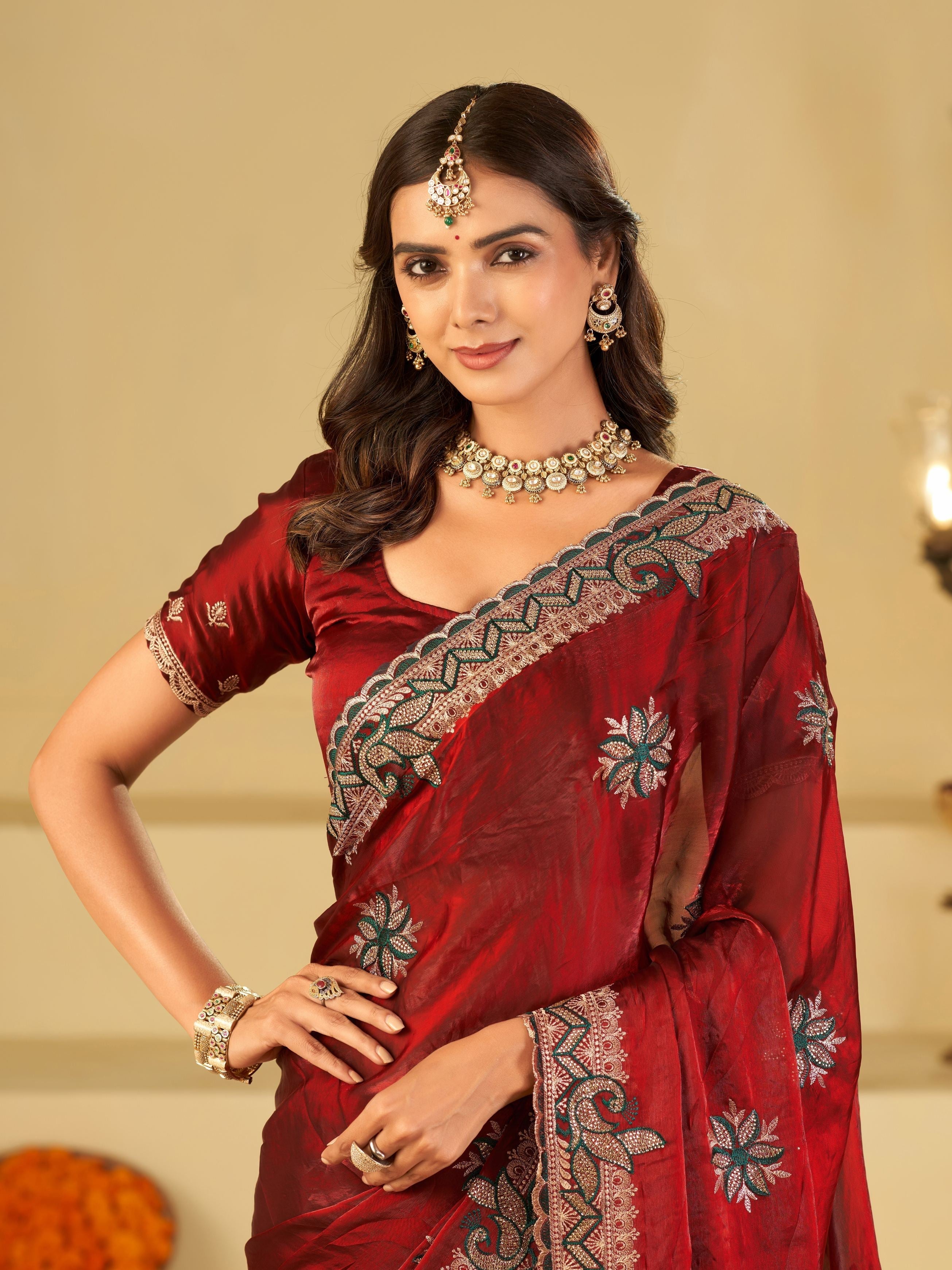 Ruby Red Designer Fendy Satin Saree with Floral Embroidery Work | Premium Wedding Party Wear Saree with Heavy Embroidered Border & Blouse