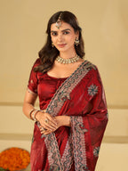 Ruby Red Designer Fendy Satin Saree with Floral Embroidery Work | Premium Wedding Party Wear Saree with Heavy Embroidered Border & Blouse