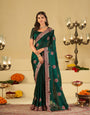 Emerald Green Designer Fendy Satin Saree with Heavy Floral Embroidery Work | Premium Wedding Party Wear Saree with Embroidered Border & Blouse