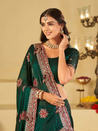 Emerald Green Designer Fendy Satin Saree with Heavy Floral Embroidery Work | Premium Wedding Party Wear Saree with Embroidered Border & Blouse