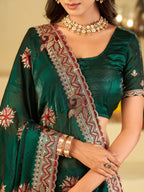 Emerald Green Designer Fendy Satin Saree with Heavy Floral Embroidery Work | Premium Wedding Party Wear Saree with Embroidered Border & Blouse