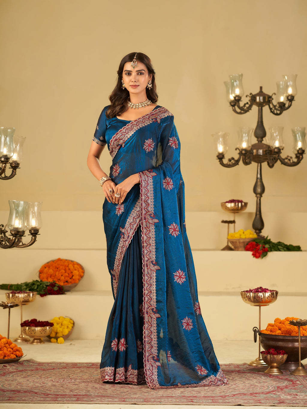 Royal Blue Designer Fendy Satin Saree with Floral Embroidery Work | Premium Party Wear Saree with Heavy Embroidered Border & Blouse