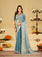 Sky Blue Fendy Satin Saree with White Floral Embroidery Border | Elegant Designer Party Wear Saree with Blouse