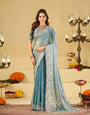 Sky Blue Fendy Satin Saree with White Floral Embroidery Border | Elegant Designer Party Wear Saree with Blouse
