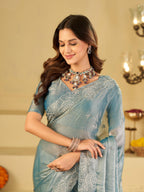 Sky Blue Fendy Satin Saree with White Floral Embroidery Border | Elegant Designer Party Wear Saree with Blouse