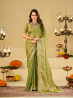 Pista Green Fendy Satin Saree with White Floral Embroidery Border | Elegant Designer Party Wear Saree with Blouse
