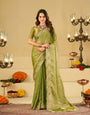 Pista Green Fendy Satin Saree with White Floral Embroidery Border | Elegant Designer Party Wear Saree with Blouse