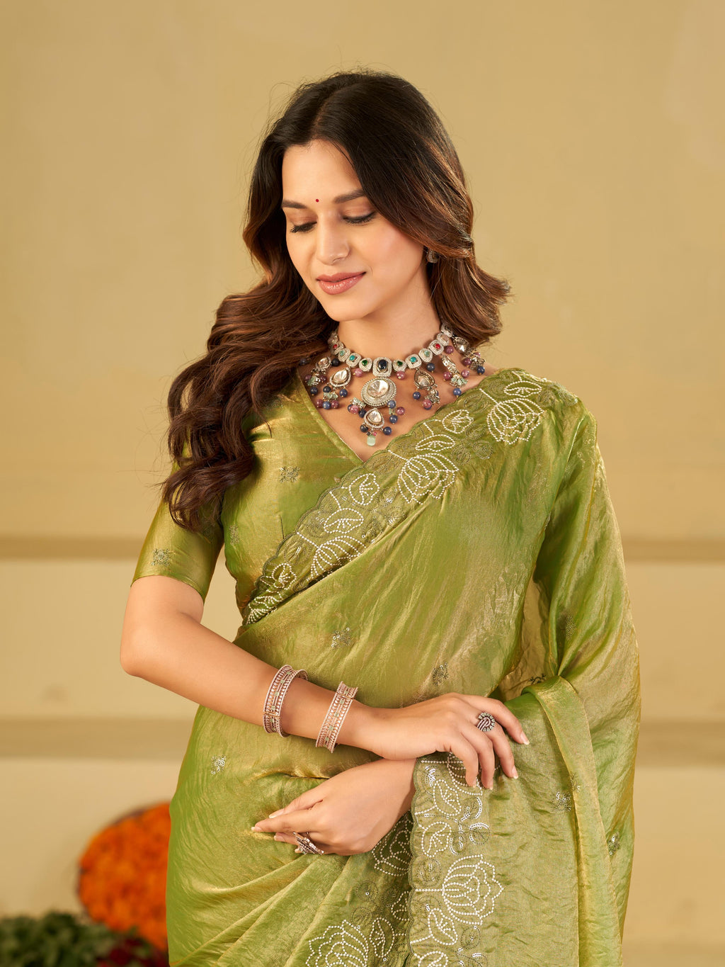 Pista Green Fendy Satin Saree with White Floral Embroidery Border | Elegant Designer Party Wear Saree with Blouse