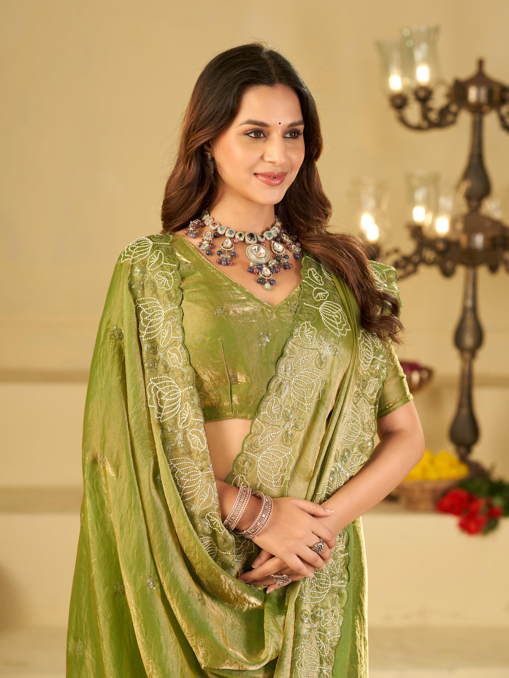 Pista Green Fendy Satin Saree with White Floral Embroidery Border | Elegant Designer Party Wear Saree with Blouse
