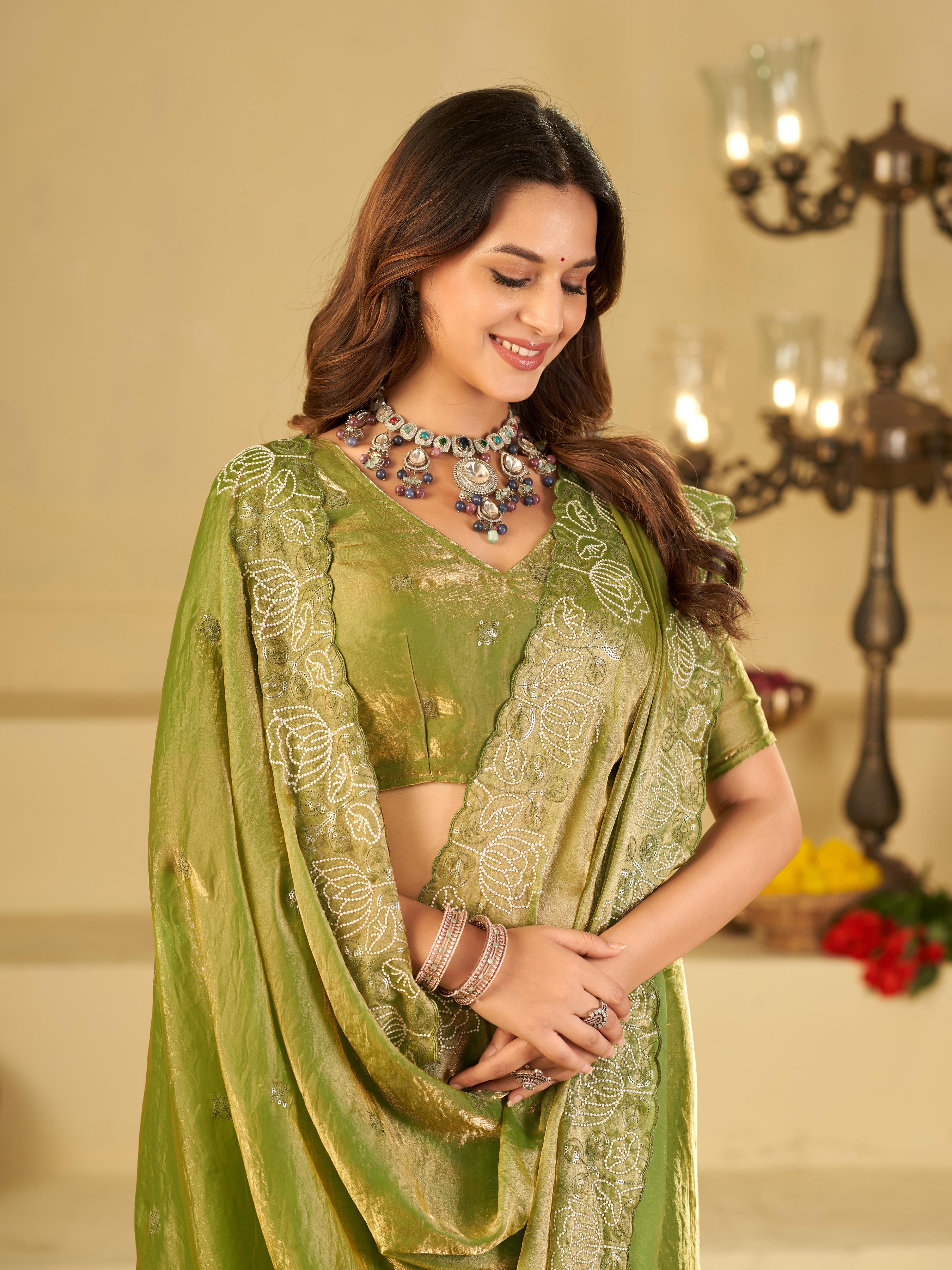 Pista Green Fendy Satin Saree with White Floral Embroidery Border | Elegant Designer Party Wear Saree with Blouse