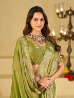 Pista Green Fendy Satin Saree with White Floral Embroidery Border | Elegant Designer Party Wear Saree with Blouse