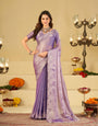 Lavender Purple Fendy Satin Saree with White Floral Embroidery Border | Elegant Designer Party Wear Saree with Blouse