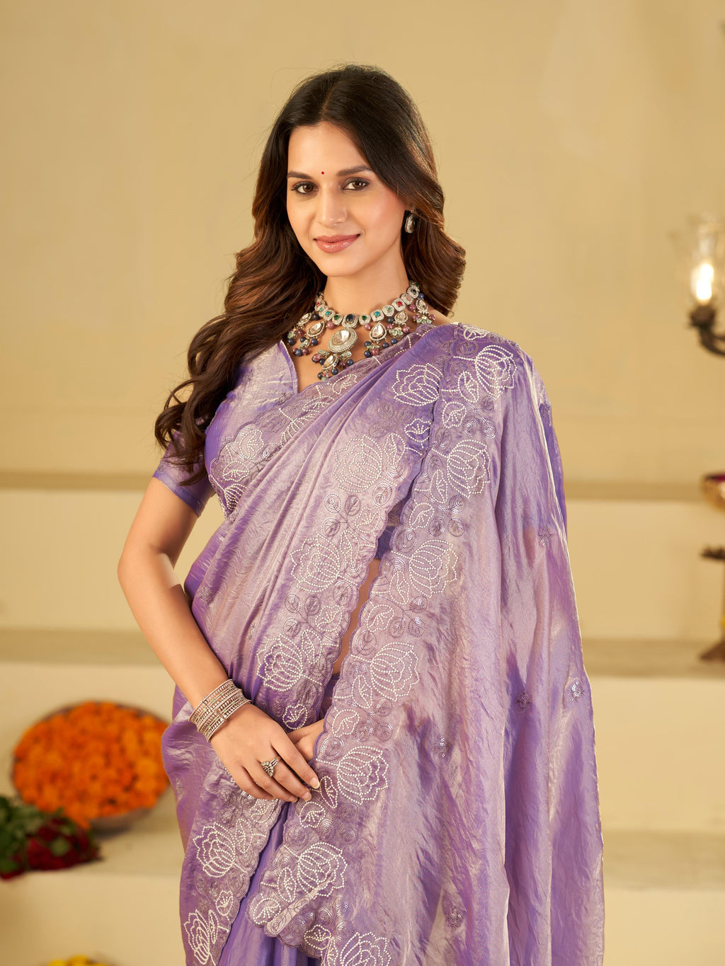 Lavender Purple Fendy Satin Saree with White Floral Embroidery Border | Elegant Designer Party Wear Saree with Blouse
