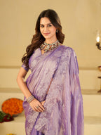 Lavender Purple Fendy Satin Saree with White Floral Embroidery Border | Elegant Designer Party Wear Saree with Blouse