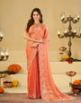 Peach Orange Fendy Satin Saree with White Floral Embroidery Border | Elegant Designer Party Wear Saree with Blouse