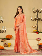 Peach Orange Fendy Satin Saree with White Floral Embroidery Border | Elegant Designer Party Wear Saree with Blouse