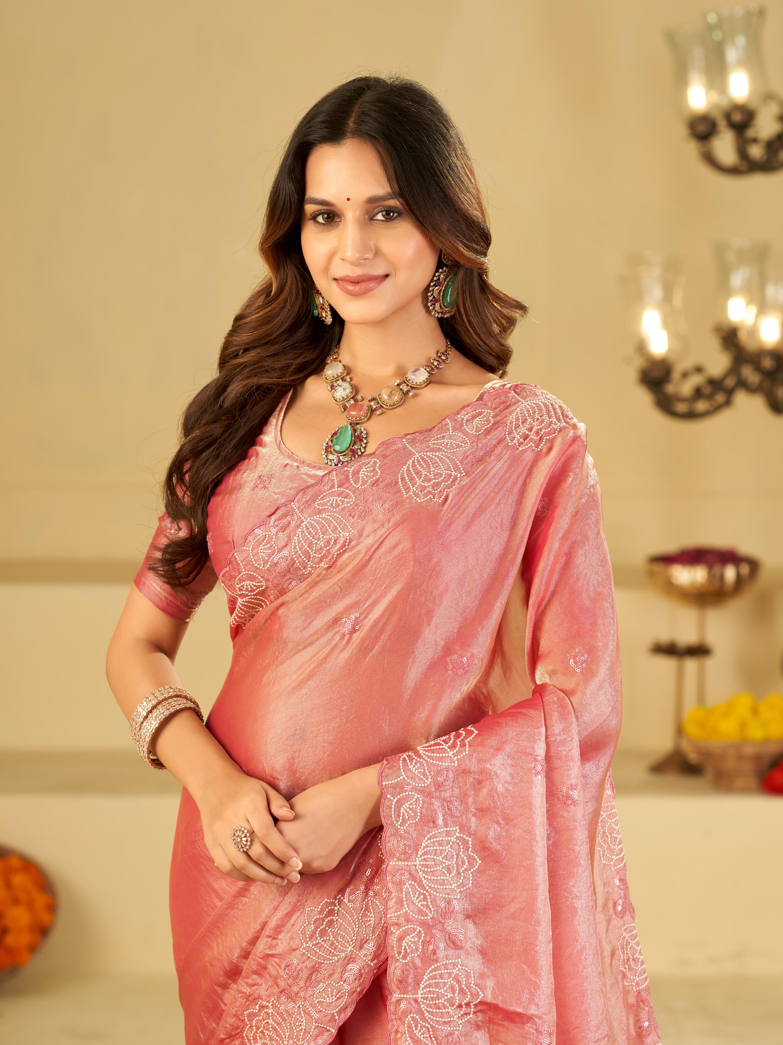 Baby Pink Fendy Satin Saree with White Floral Embroidery Border | Elegant Designer Party Wear Saree with Blouse