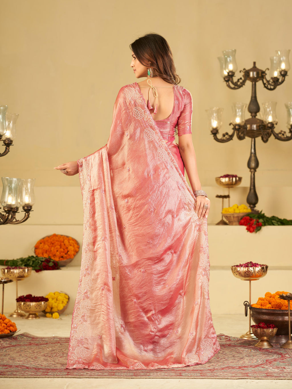 Baby Pink Fendy Satin Saree with White Floral Embroidery Border | Elegant Designer Party Wear Saree with Blouse