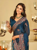Royal Blue Designer Fendy Satin Saree with Heavy Embroidered Border | Premium Festive Party Wear Saree with Intricate Embroidery & Matching Blouse
