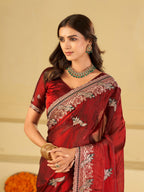 Maroon Designer Fendy Satin Saree with Heavy Embroidered Border | Premium Wedding Party Wear Saree with Intricate Embroidery & Matching Blouse