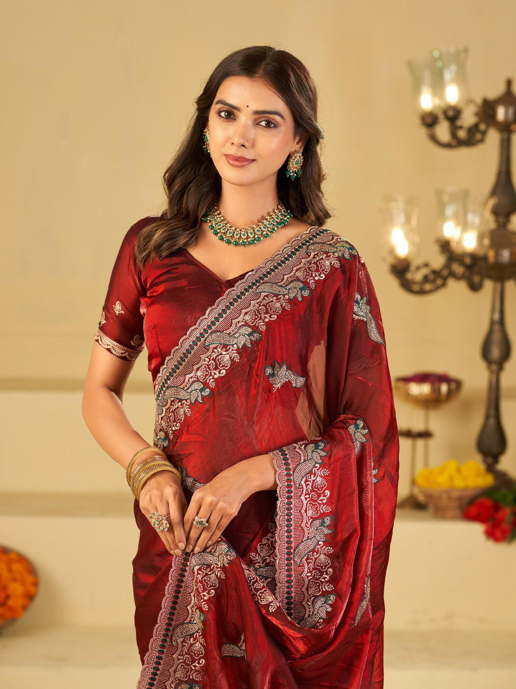 Maroon Designer Fendy Satin Saree with Heavy Embroidered Border | Premium Wedding Party Wear Saree with Intricate Embroidery & Matching Blouse