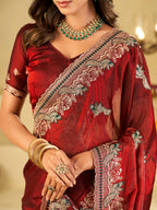 Maroon Designer Fendy Satin Saree with Heavy Embroidered Border | Premium Wedding Party Wear Saree with Intricate Embroidery & Matching Blouse