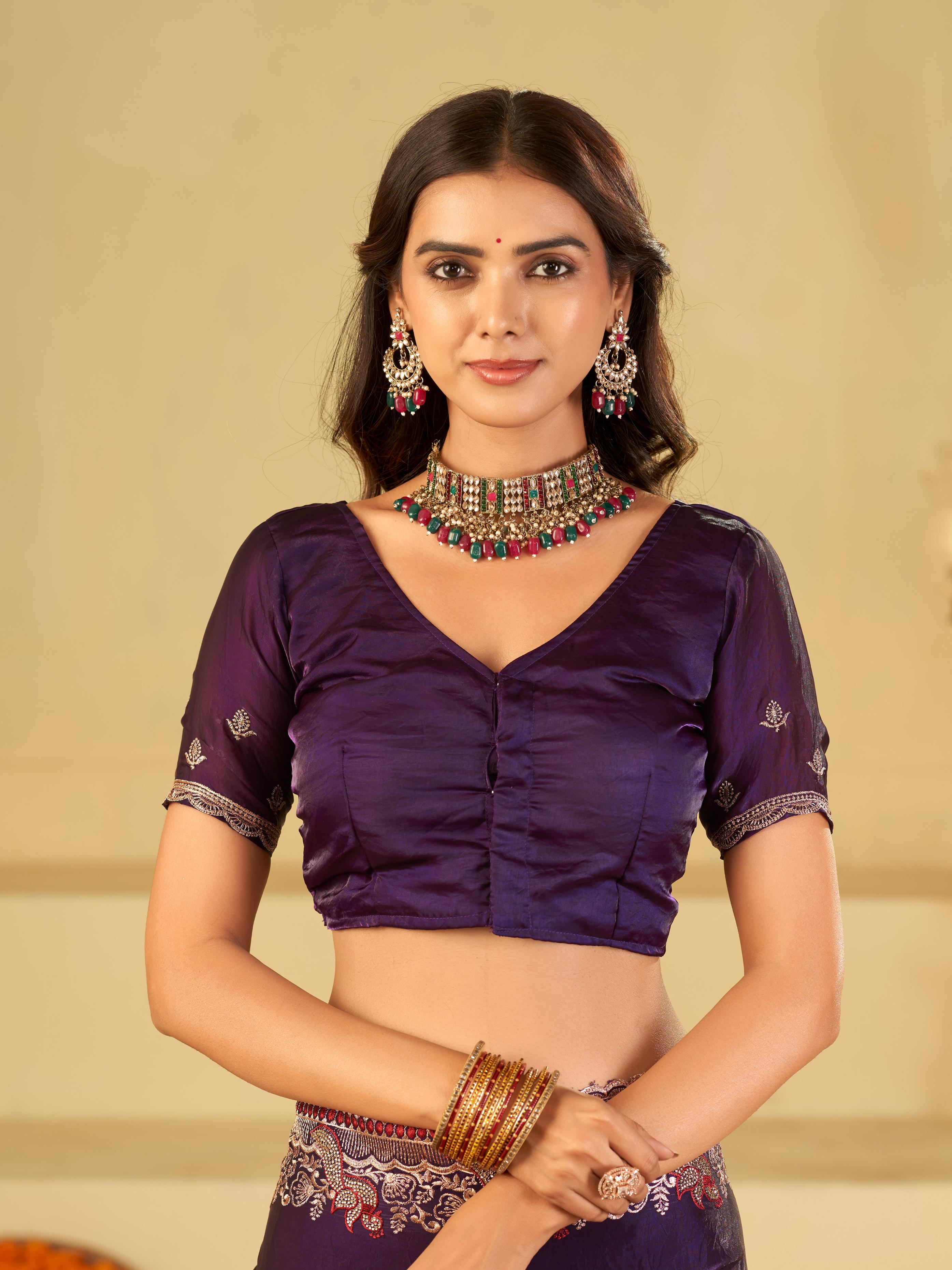 Royal Purple Designer Fendy Satin Saree with Heavy Embroidered Border | Premium Festive Party Wear Saree with Intricate Embroidery & Matching Blouse