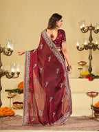 Wine Maroon Designer Fendy Satin Saree with Heavy Embroidered Border | Premium Festive Party Wear Saree with Elegant Embroidery & Matching Blouse