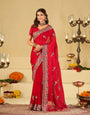 Bright Red Designer Fendy Satin Saree with Heavy Embroidered Border | Premium Festive Party Wear Saree with Intricate Embroidery & Matching Blouse