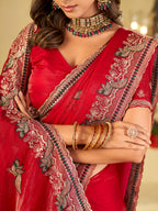 Bright Red Designer Fendy Satin Saree with Heavy Embroidered Border | Premium Festive Party Wear Saree with Intricate Embroidery & Matching Blouse