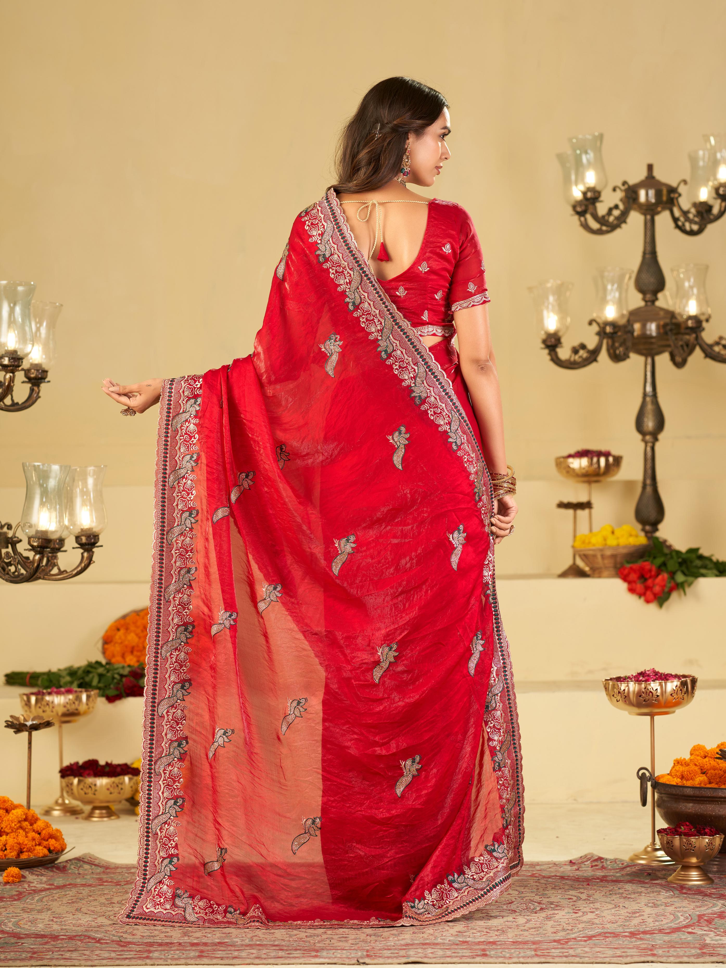 Bright Red Designer Fendy Satin Saree with Heavy Embroidered Border | Premium Festive Party Wear Saree with Intricate Embroidery & Matching Blouse