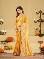Mustard Yellow Fendy Satin Saree with Multicolor Floral Embroidery Border | Elegant Designer Party Wear Saree with Blouse