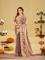 Lavender Gold Fendy Satin Saree with Multicolor Floral Embroidery Border | Elegant Designer Party Wear Saree with Blouse
