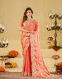 Peach Pink Fendy Satin Saree with Multicolor Floral Embroidery Border | Elegant Designer Party Wear Saree with Blouse