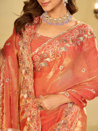 Peach Pink Fendy Satin Saree with Multicolor Floral Embroidery Border | Elegant Designer Party Wear Saree with Blouse