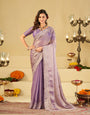 Lavender Fendy Satin Saree with White Floral Embroidery Border | Elegant Designer Party Wear Saree with Blouse