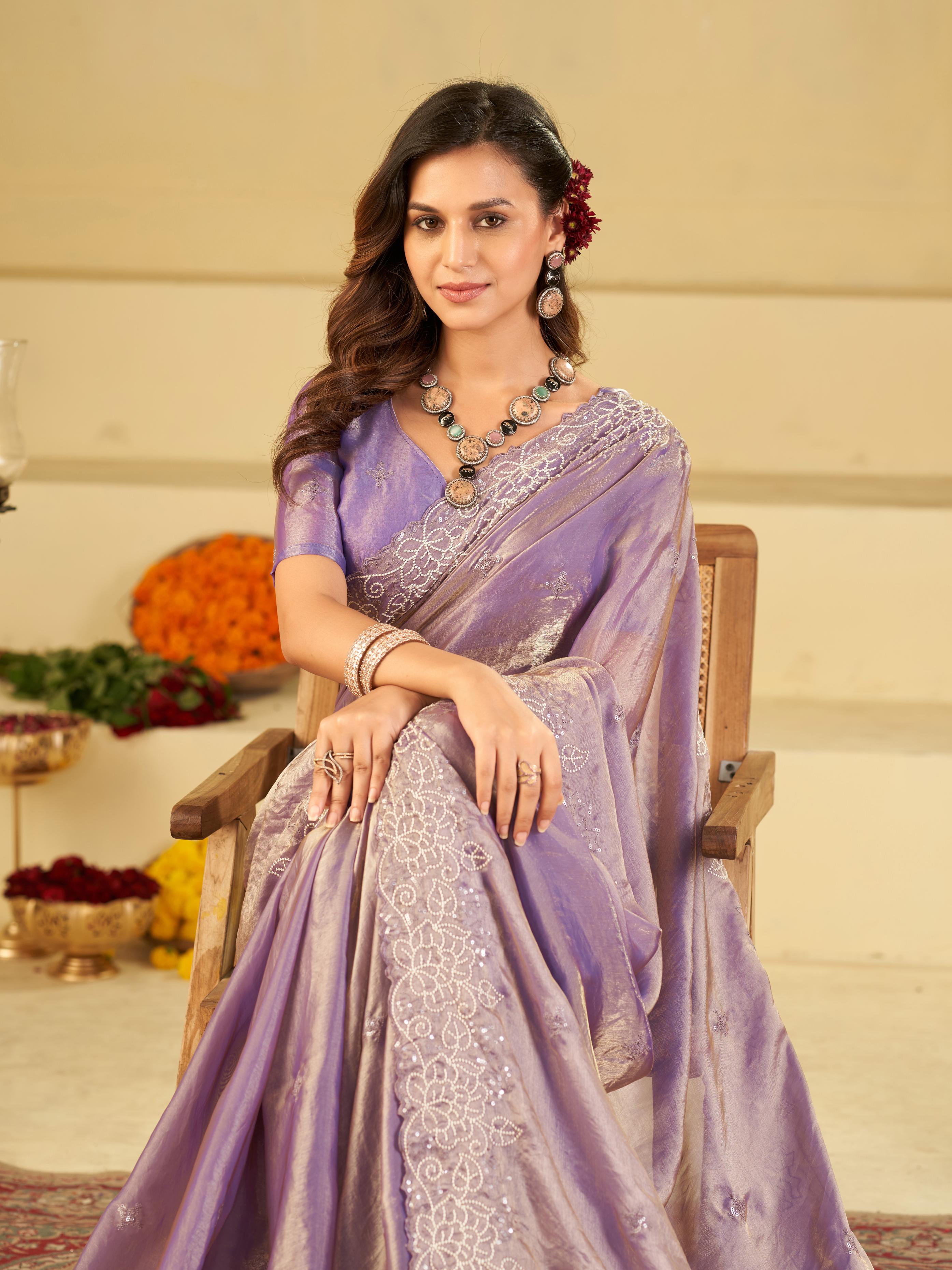 Lavender Fendy Satin Saree with White Floral Embroidery Border | Elegant Designer Party Wear Saree with Blouse