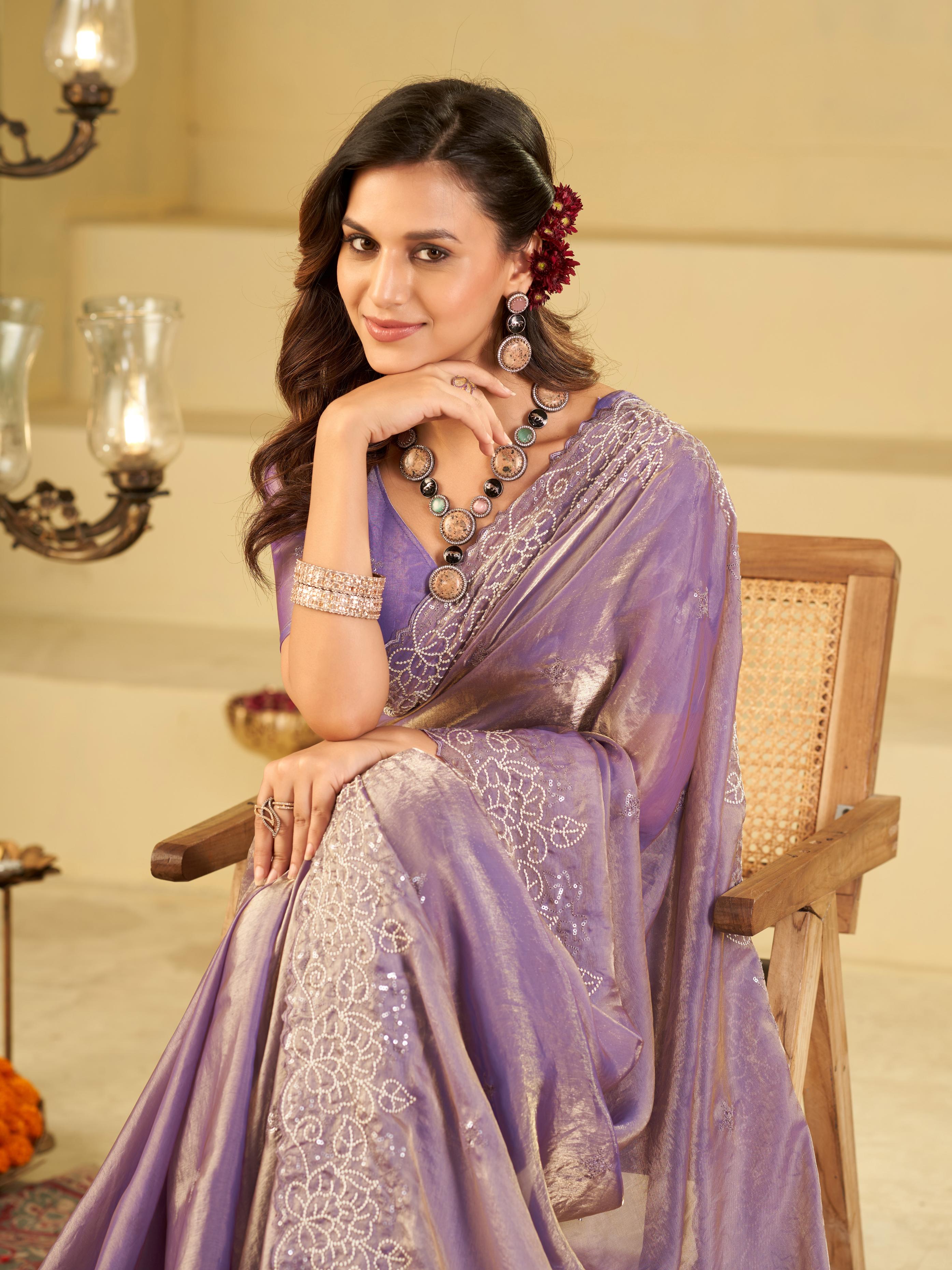 Lavender Fendy Satin Saree with White Floral Embroidery Border | Elegant Designer Party Wear Saree with Blouse