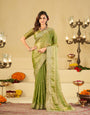 Pista Green Fendy Satin Saree with White Floral Embroidery Border | Elegant Designer Party Wear Saree with Blouse