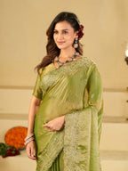 Pista Green Fendy Satin Saree with White Floral Embroidery Border | Elegant Designer Party Wear Saree with Blouse