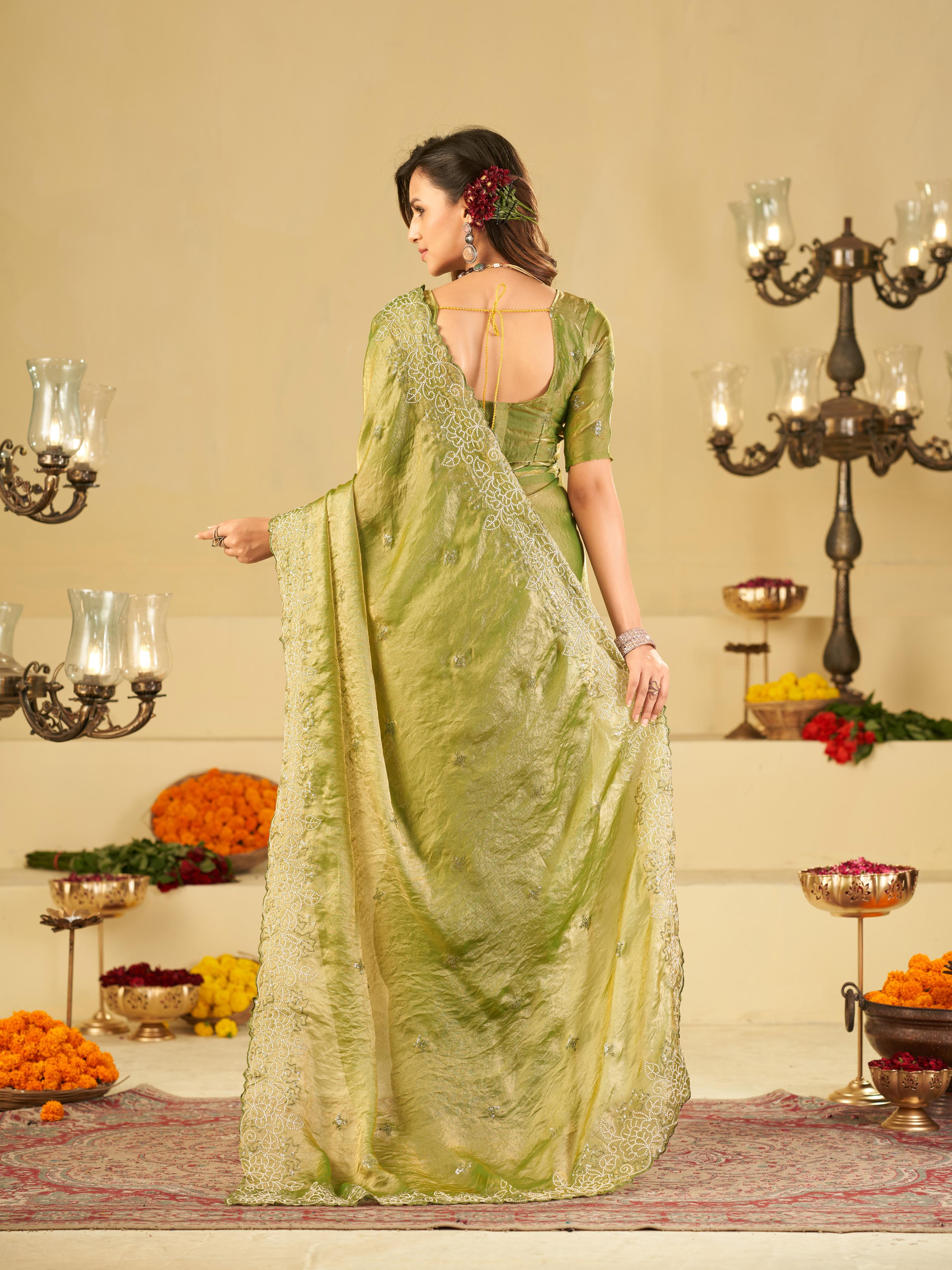 Pista Green Fendy Satin Saree with White Floral Embroidery Border | Elegant Designer Party Wear Saree with Blouse