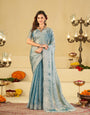 Powder Blue Fendy Satin Saree with White Floral Embroidery Border | Elegant Designer Party Wear Saree with Blouse