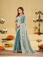 Powder Blue Fendy Satin Saree with White Floral Embroidery Border | Elegant Designer Party Wear Saree with Blouse