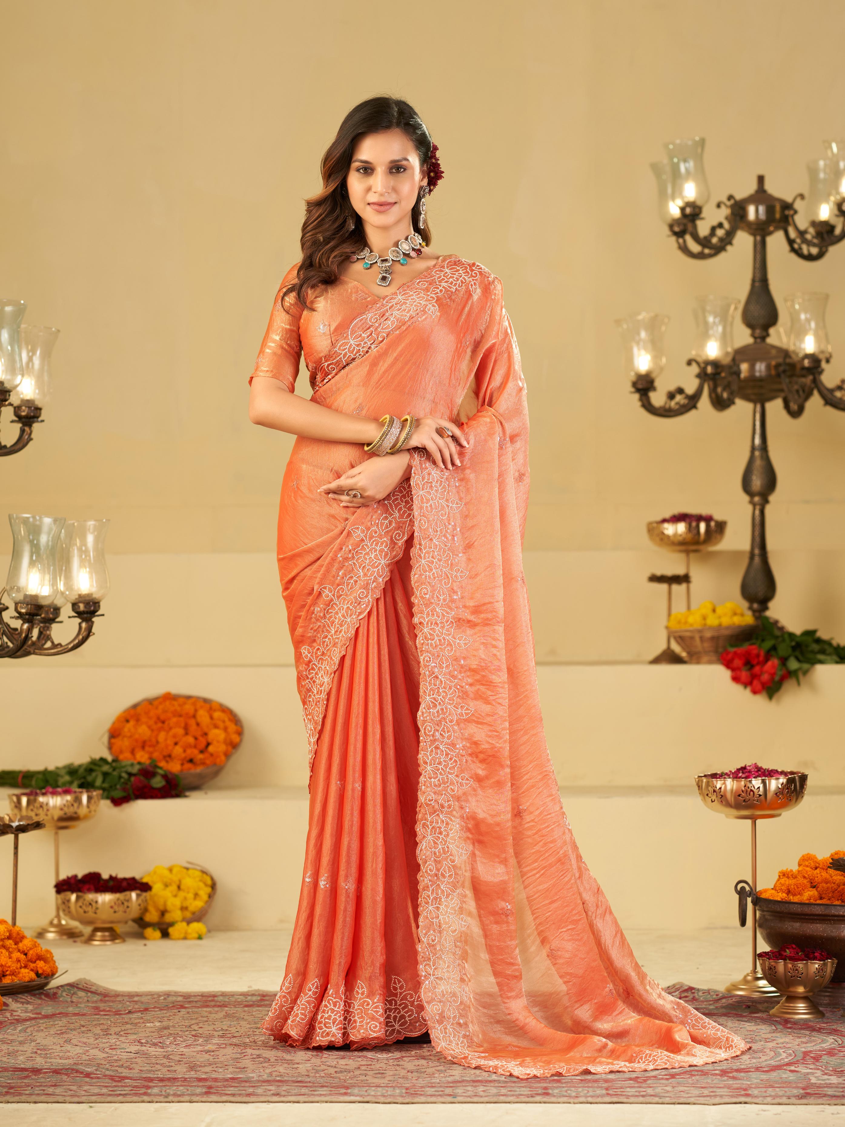 Peach Fendy Satin Saree with White Floral Embroidery Border | Elegant Designer Party Wear Saree with Blouse