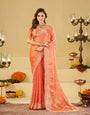 Peach Fendy Satin Saree with White Floral Embroidery Border | Elegant Designer Party Wear Saree with Blouse