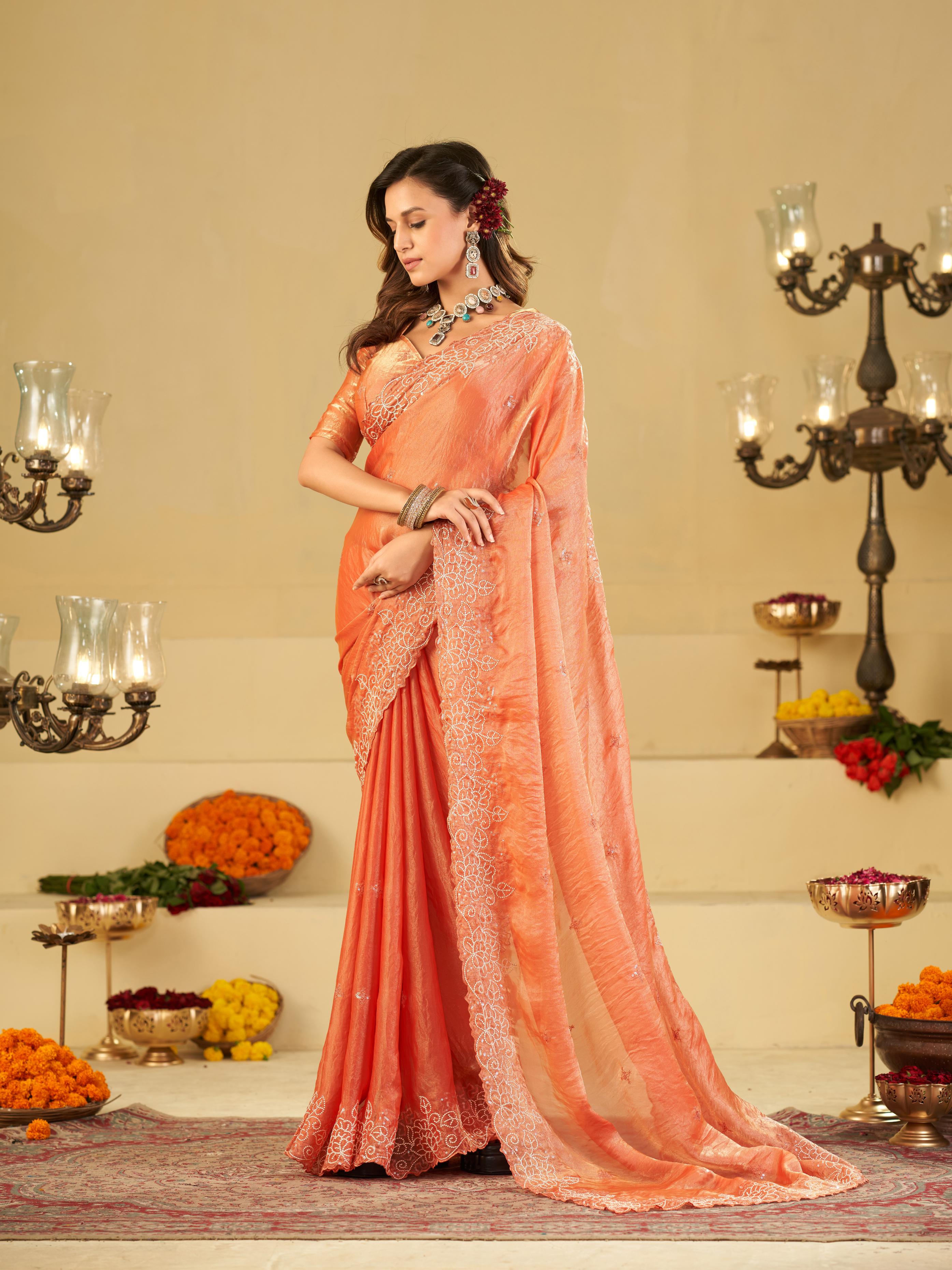 Peach Fendy Satin Saree with White Floral Embroidery Border | Elegant Designer Party Wear Saree with Blouse