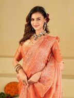 Peach Fendy Satin Saree with White Floral Embroidery Border | Elegant Designer Party Wear Saree with Blouse